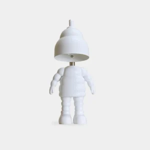 Modern robot candle warmer table lamp with white ceramic body and adjustable metal rod, front studio view