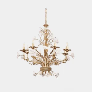 White rose crystal chandelier 8-light luxury fixture with gold metal frame and ceramic flower details on white background