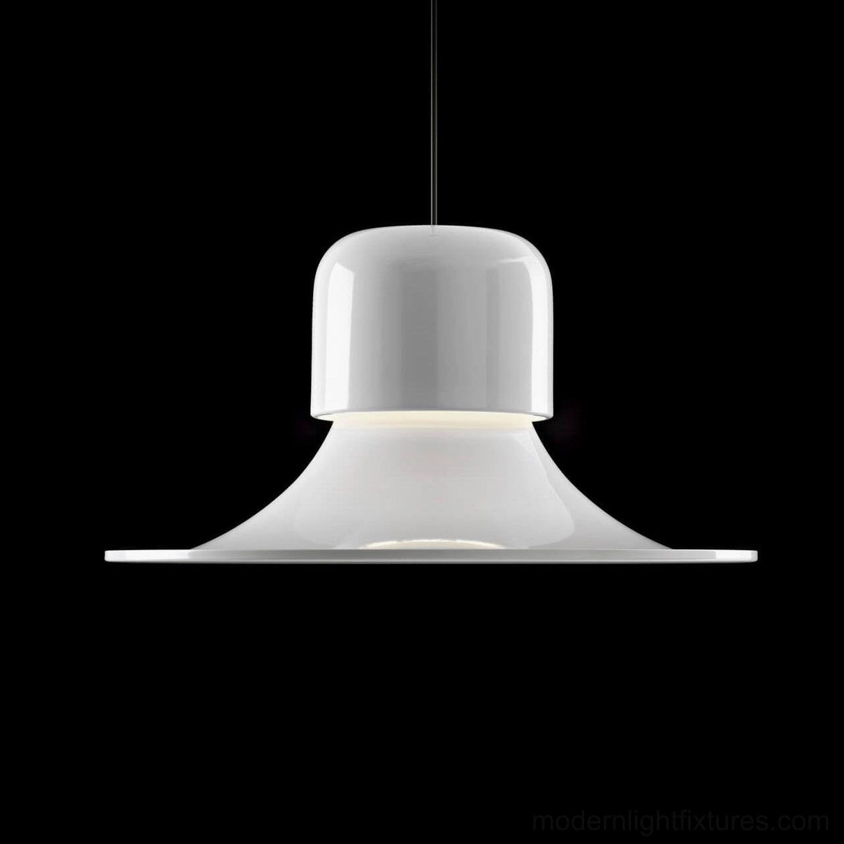 White Scandinavian pendant light with tiered bell shade on black studio backdrop