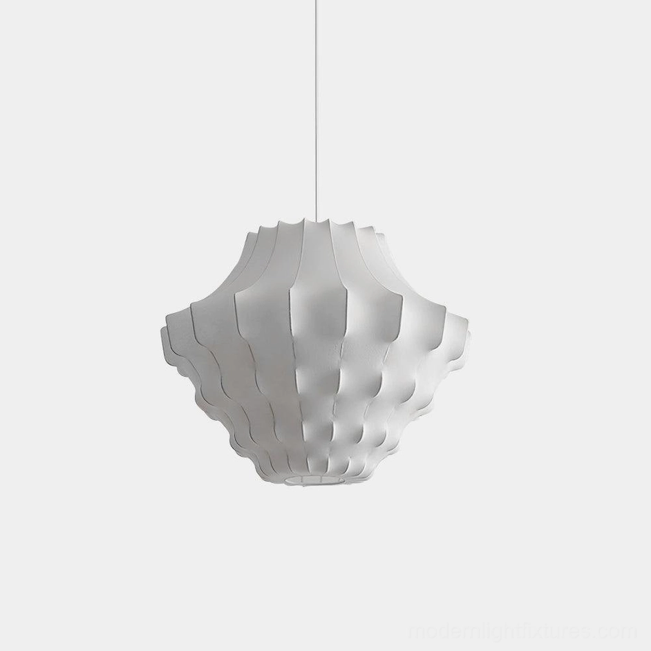 Modern white sculptural wave pendant light with ribbed fabric shade - front studio view