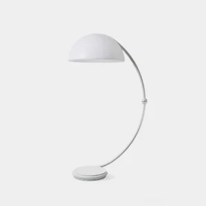 White Serpente articulated floor lamp with rotating dome shade in minimalist studio setting