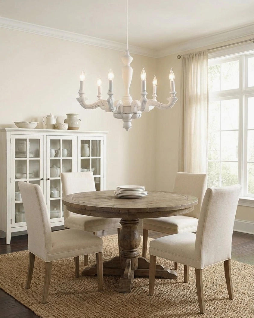 White sculptural six-arm chandelier over small casual dining nook with round table and natural light