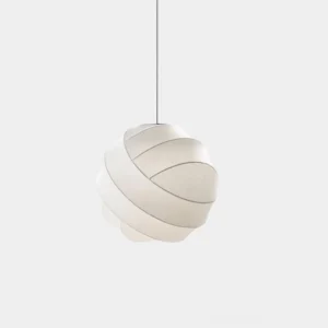 Modern white spherical fabric pendant light with segmented design, front studio view on minimalist background