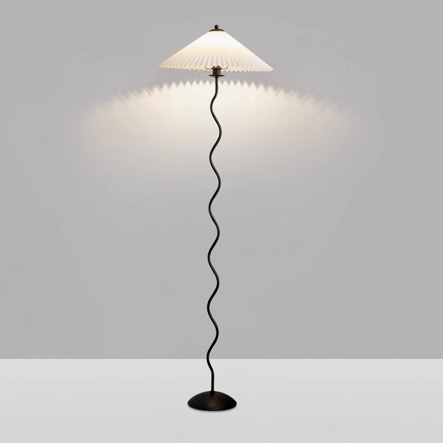 White squiggle wave floor lamp with pleated shade - versatile modern floor lighting for any interior style