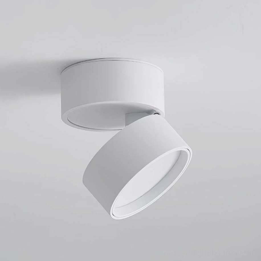 Matte white adjustable surface spotlight close-up - side view showing rotatable directional lamp head design