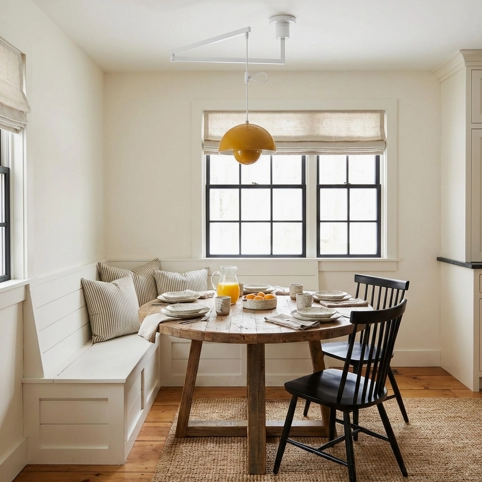 White swing arm pendant light fixture in farmhouse dining booth interior room setting