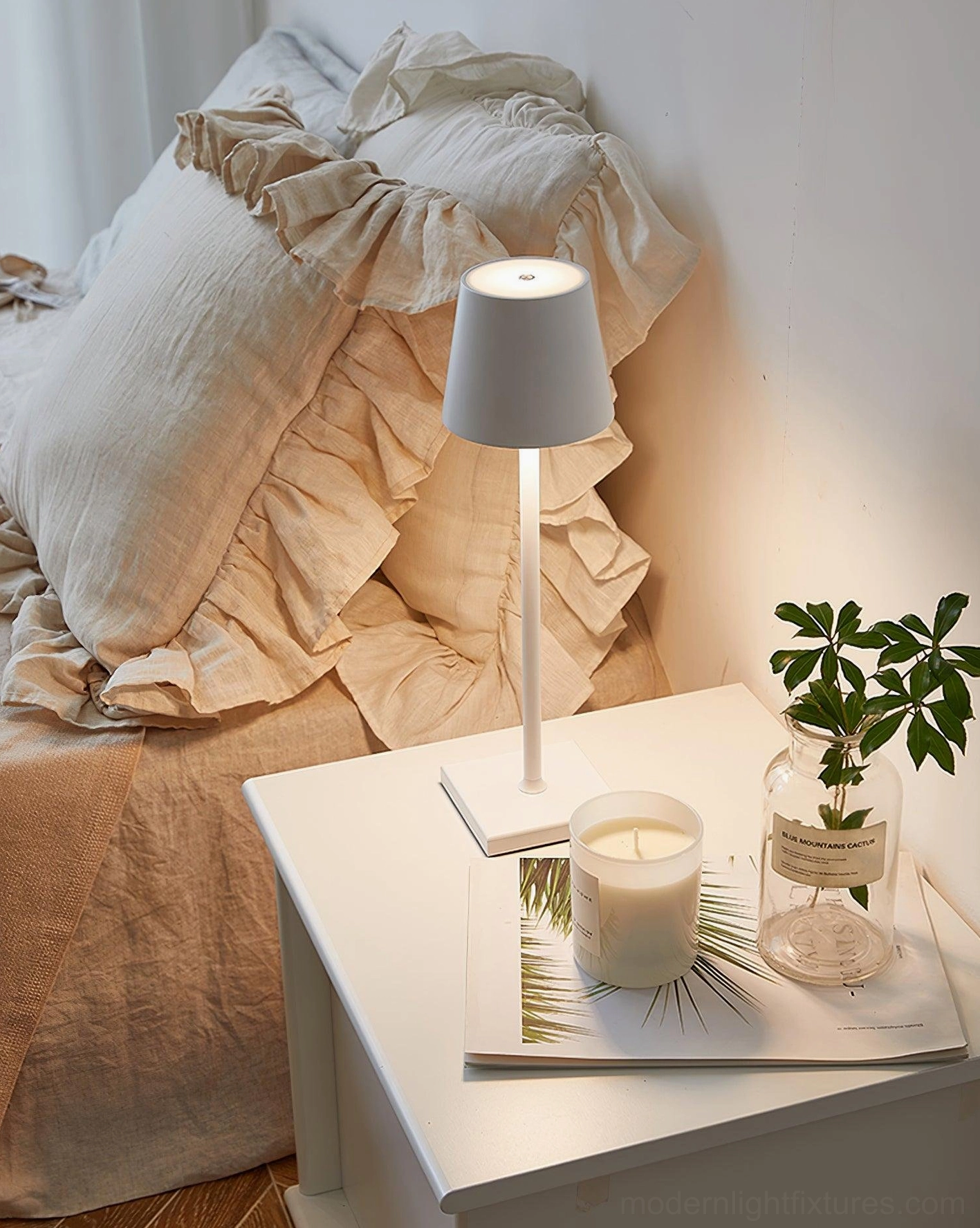 White modern table lamp with grey shade and scented candle bedroom bedside minimalist decor