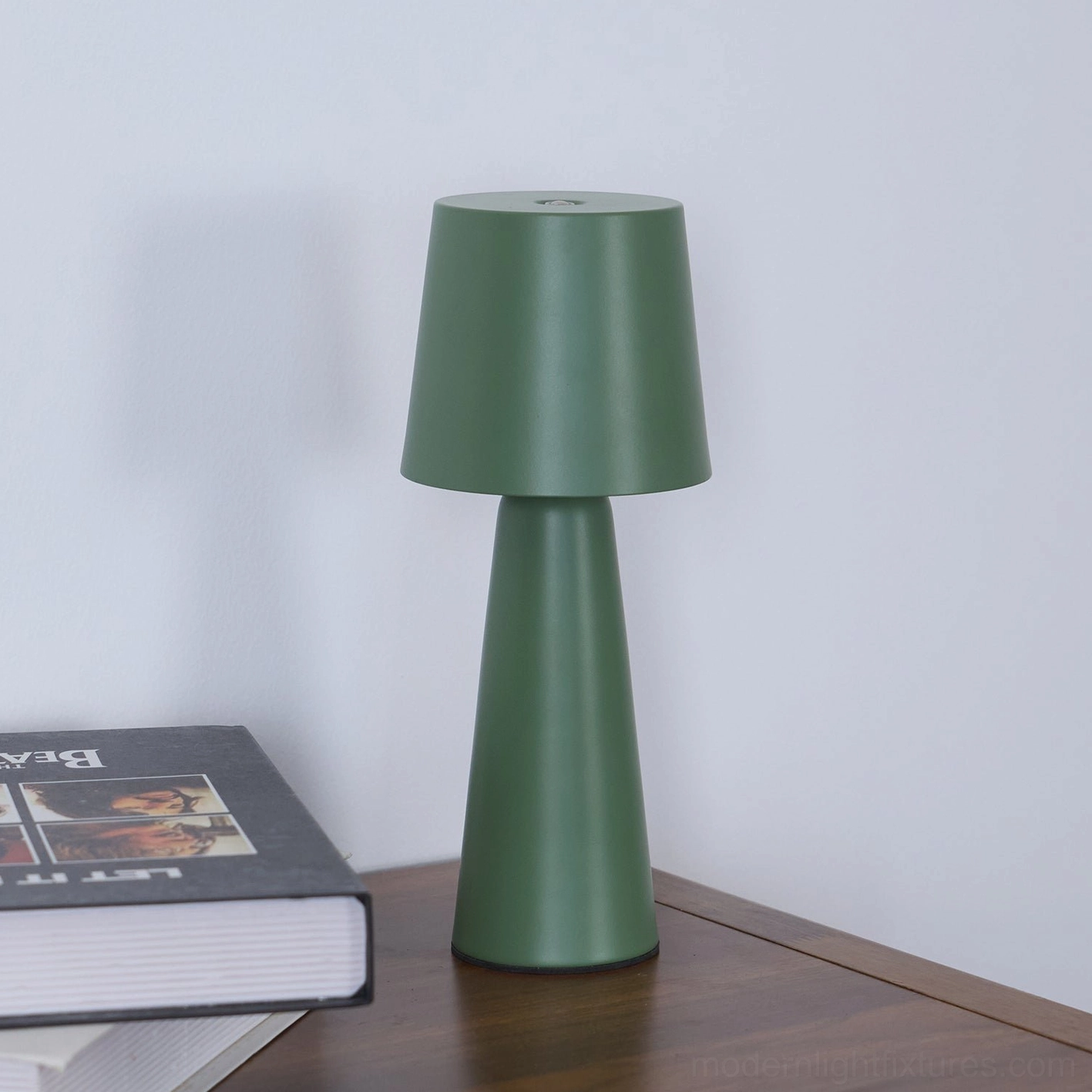 White tapered table lamp Scandinavian minimalist bedroom nightstand atmosphere