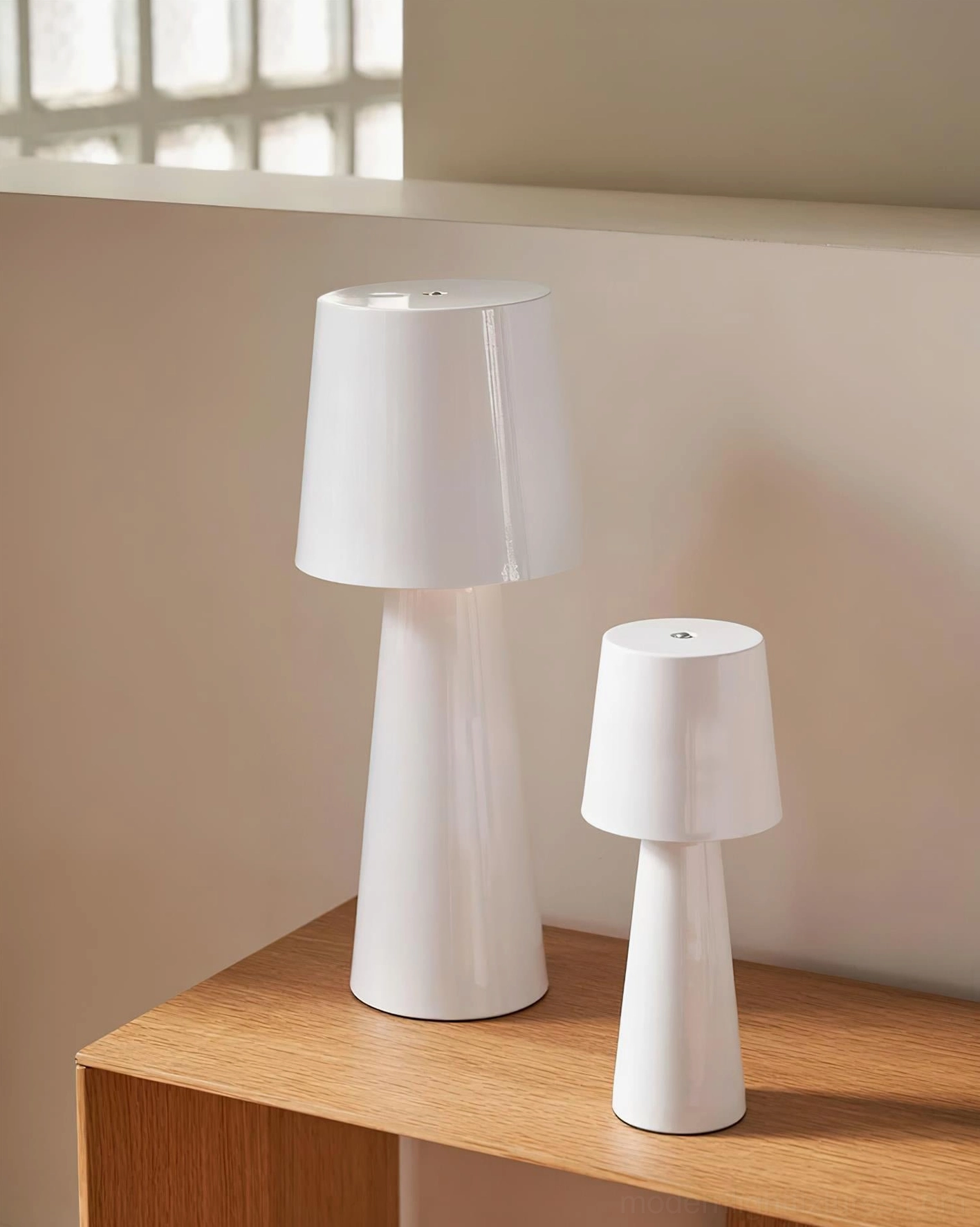 White glossy ceramic tapered table lamps multiple sizes wooden shelf display