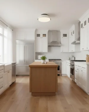 White minimalist round flush mount ceiling lamp in contemporary white kitchen with wooden island countertop