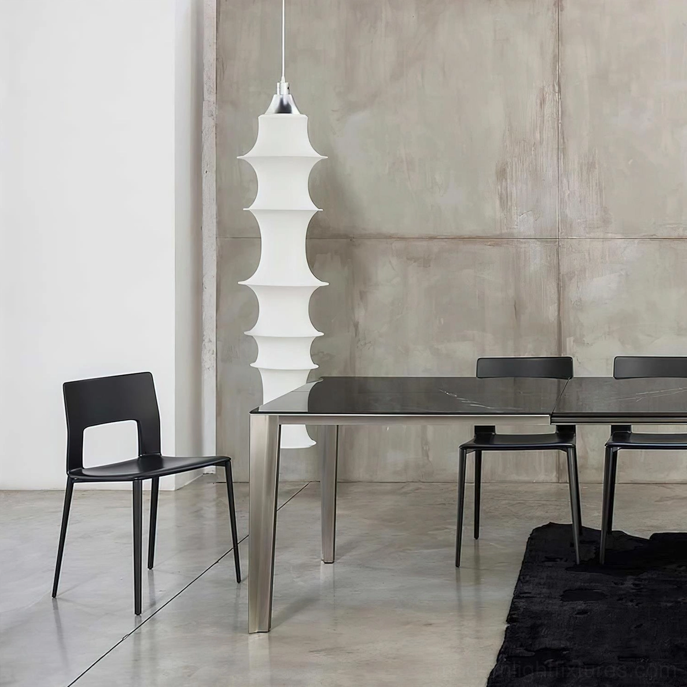 White tiered pendant lamp in Scandinavian minimalist interior design setting