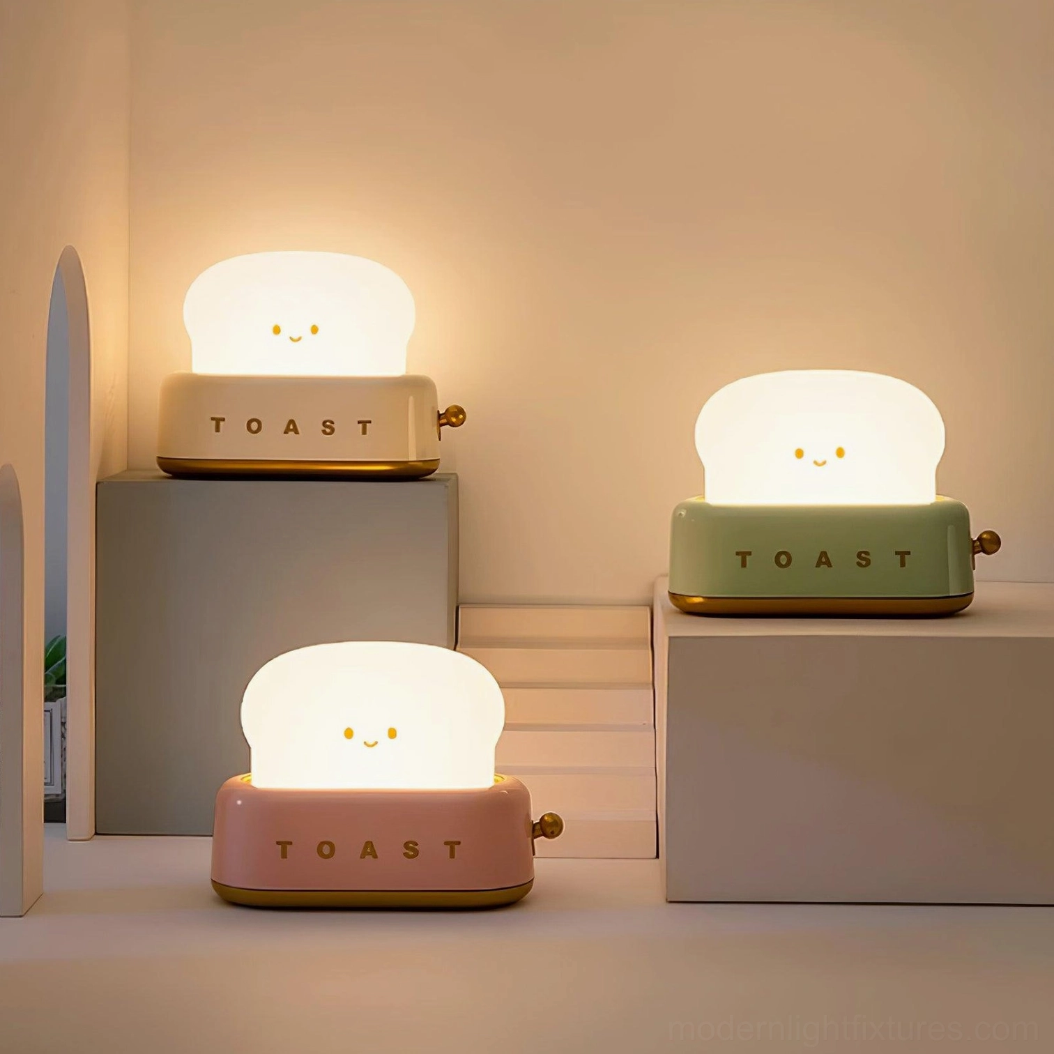 White toaster table lamp Nordic minimalist aesthetic on living room shelf with warm glow