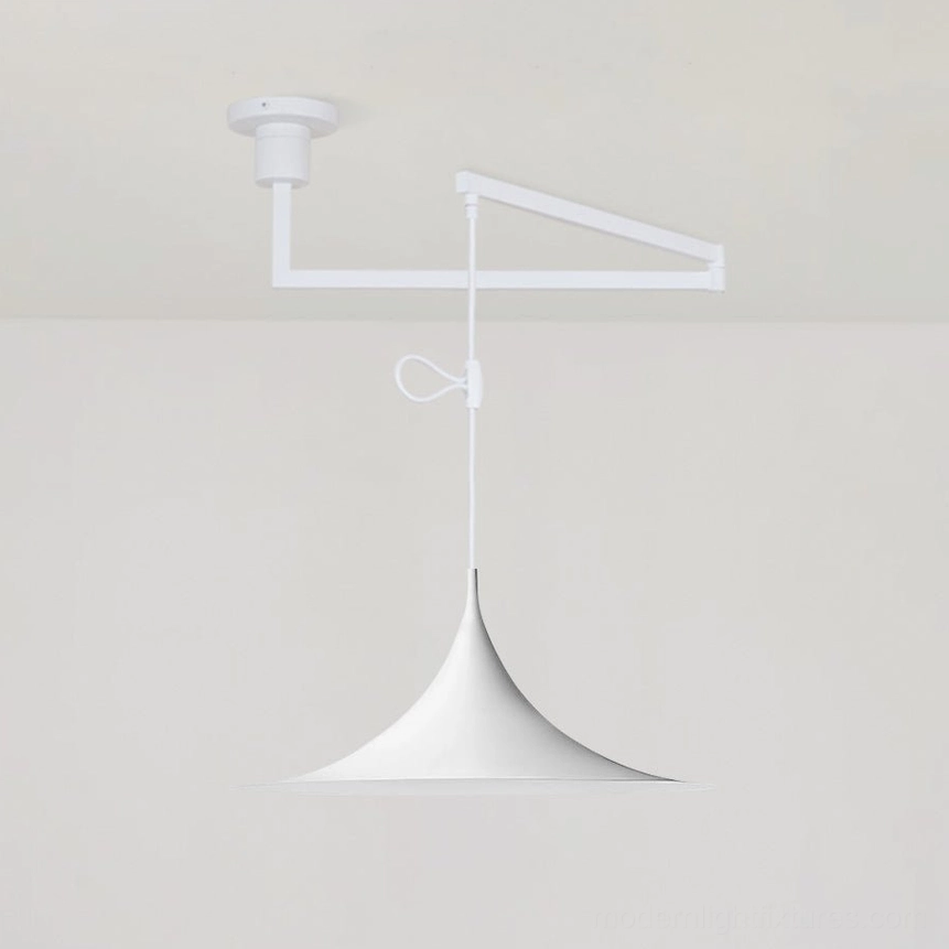 White matte trumpet swing arm pendant light adjustable rotating bracket overhead view