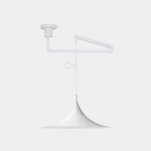 White matte trumpet swing arm pendant light with adjustable bracket front studio view