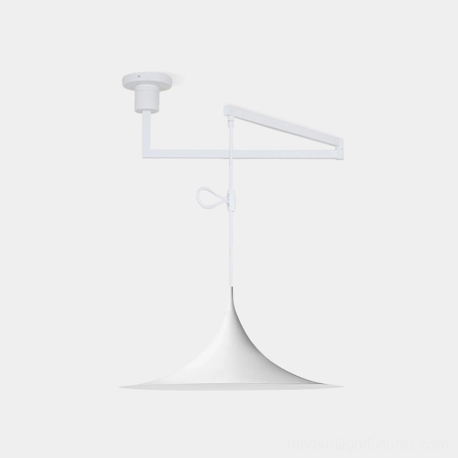 White matte trumpet swing arm pendant light with adjustable bracket front studio view