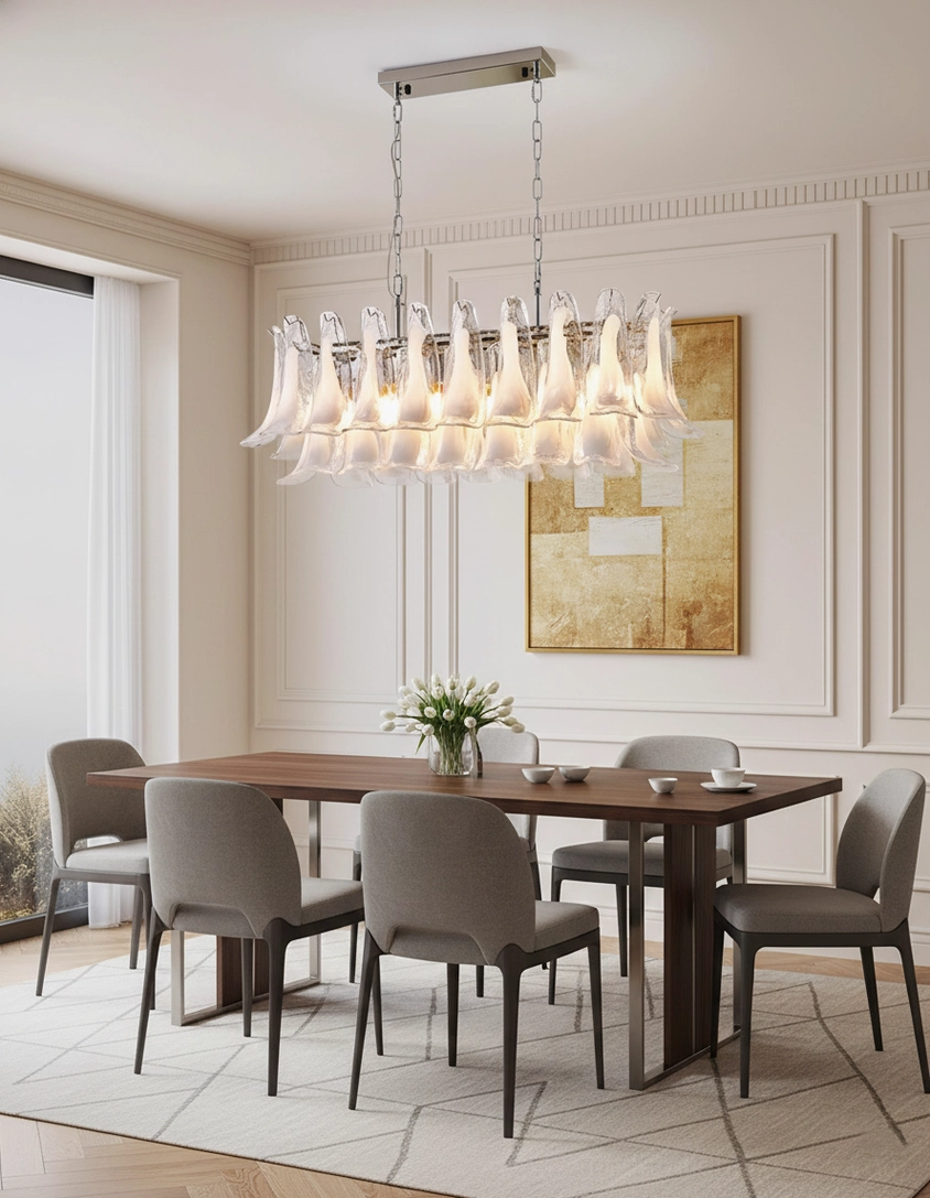 White frosted tulip leaf glass chandelier in luxury dining room with neutral contemporary decor