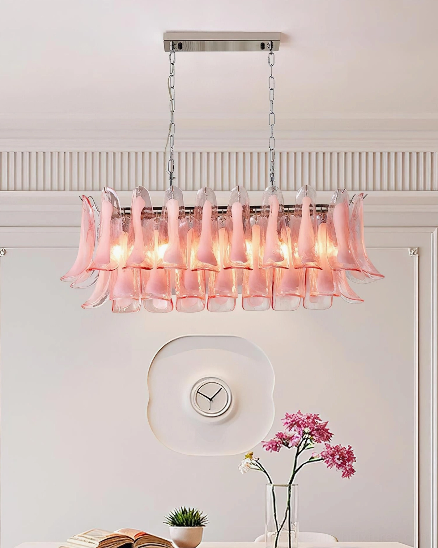 White frosted tulip leaf chandelier in Scandinavian minimalist interior design space