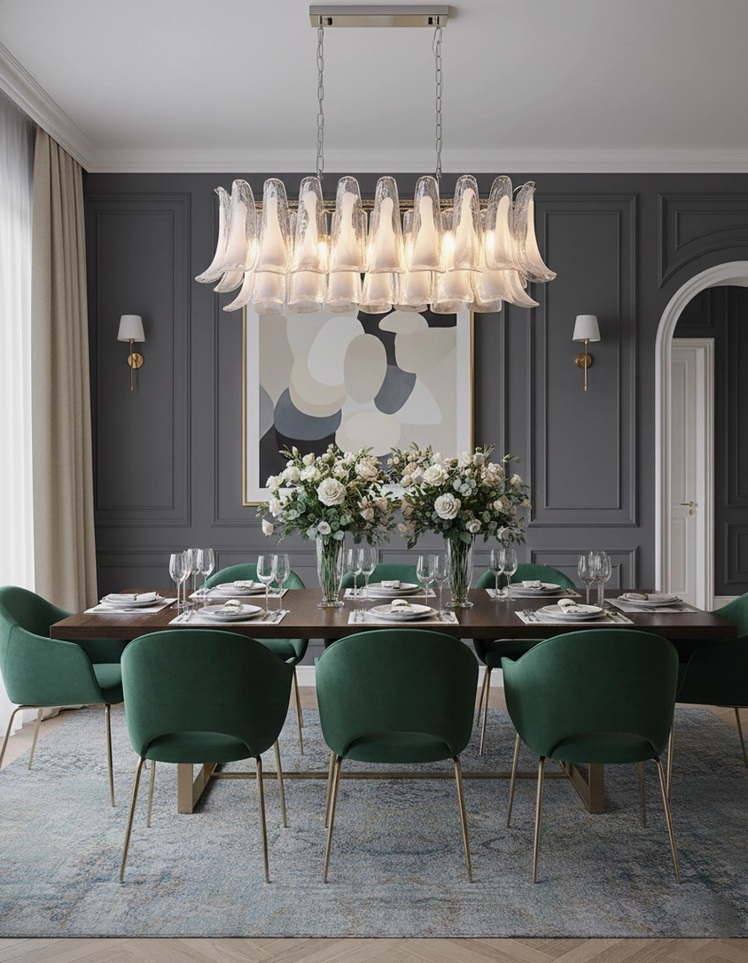 Wide-angle view of white tulip leaf chandelier illuminating spacious contemporary dining space