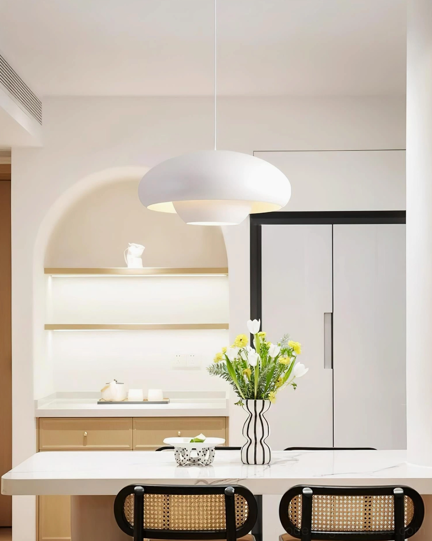 White dome pendant light in modern kitchen dining counter area, Nordic minimalist residential style warm illumination