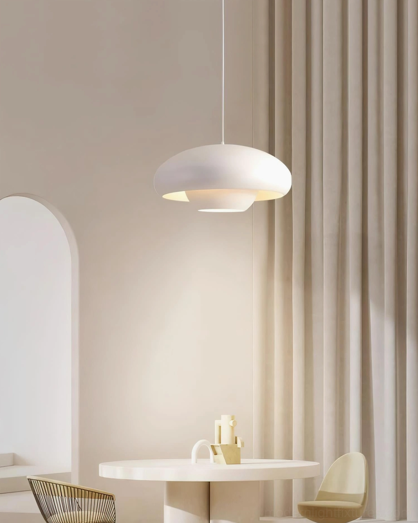 White dome pendant light above Nordic minimalist dining room with wooden table, creating focused dining illumination