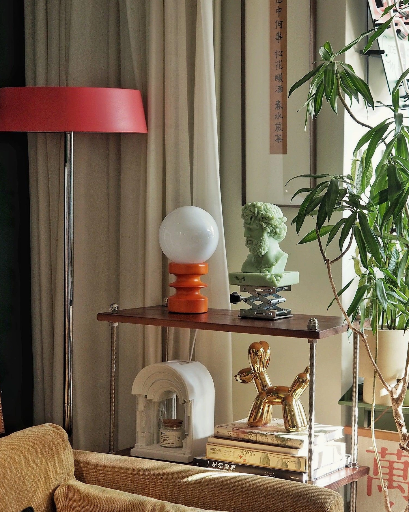Cream white wooden table lamp with spherical glass shade in minimalist room decor