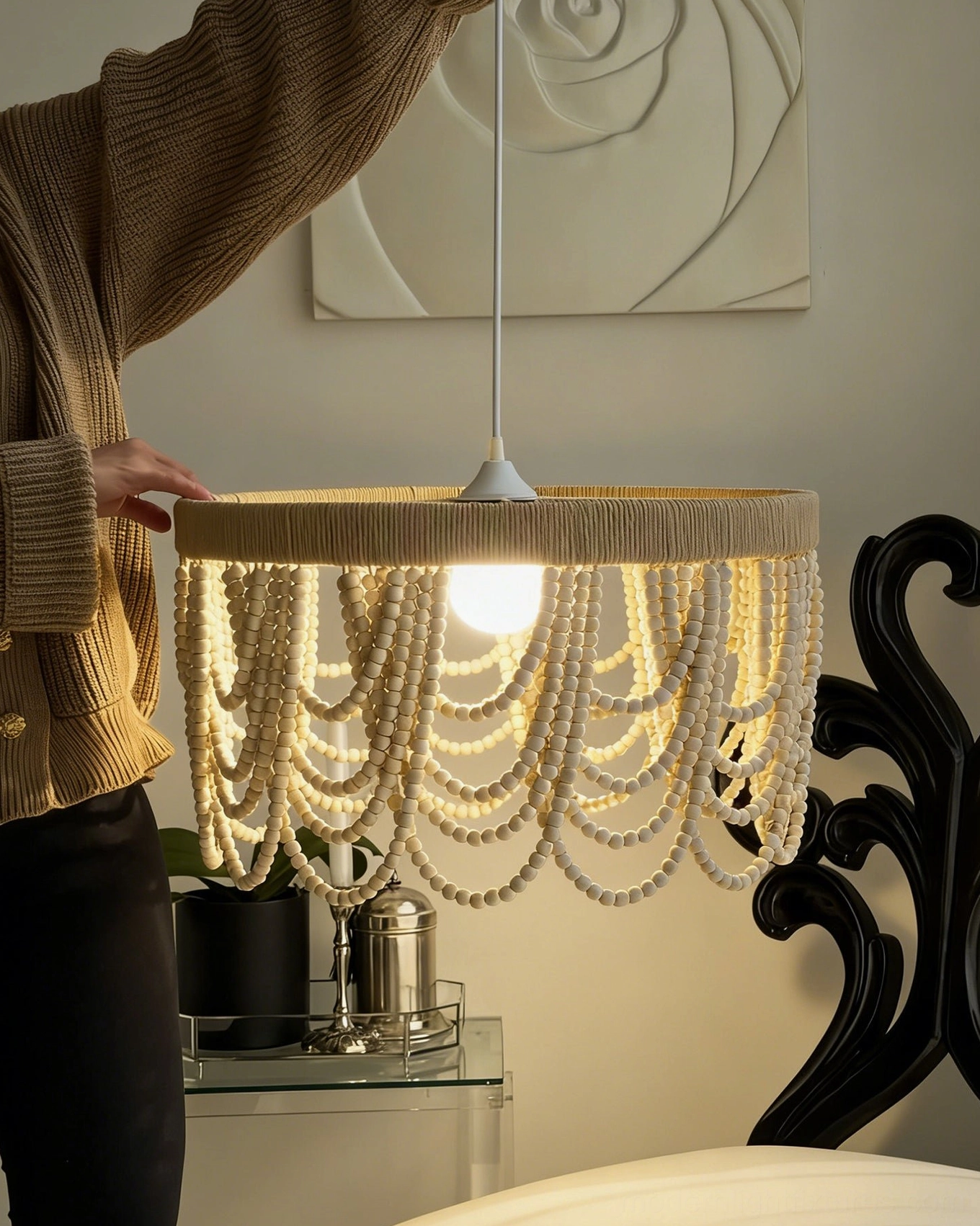 Wooden bead fringe pendant light in white finish, natural woven shade with cascading bead details for contemporary bohemian interiors