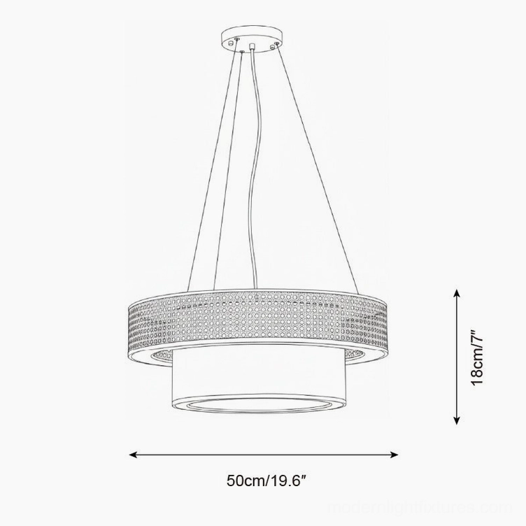 Technical drawing and dimensions of 50cm compact wicker rattan pendant chandelier, showing orthographic front view and double-ring structure