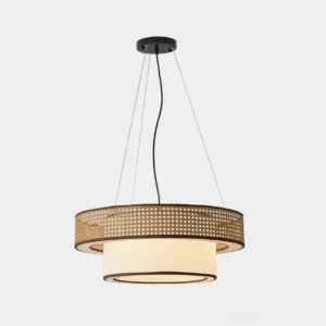 Wicker rattan pendant chandelier with double-ring woven frame shown on white studio background, displaying natural texture and craftsmanship
