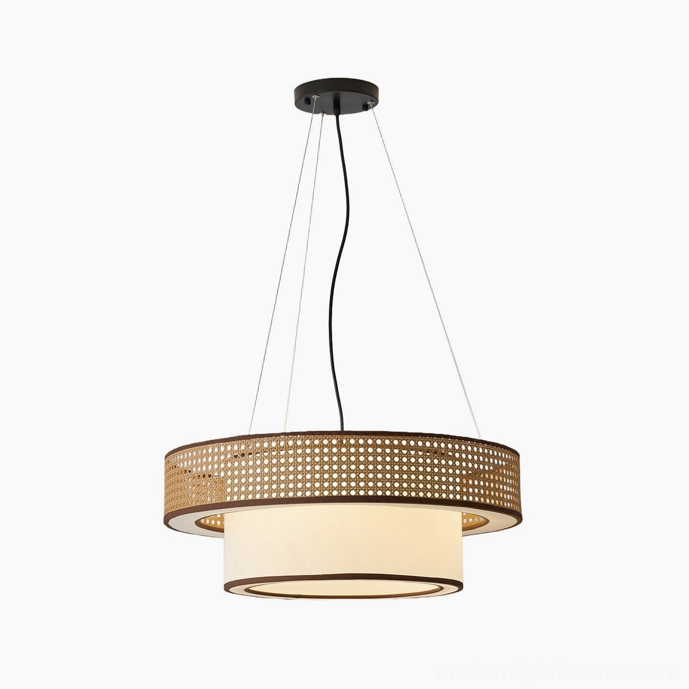Close-up detail of wicker rattan pendant light mounted on black ceiling fixture, showing artisan weaving texture and minimalist boho styling