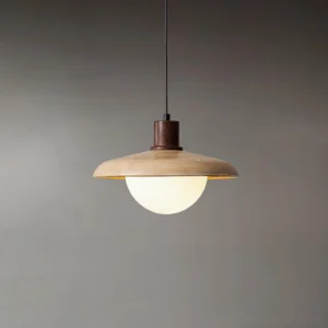 Wide disc pendant lamp with natural wood finish and frosted glass sphere bulb - minimalist pendant lighting