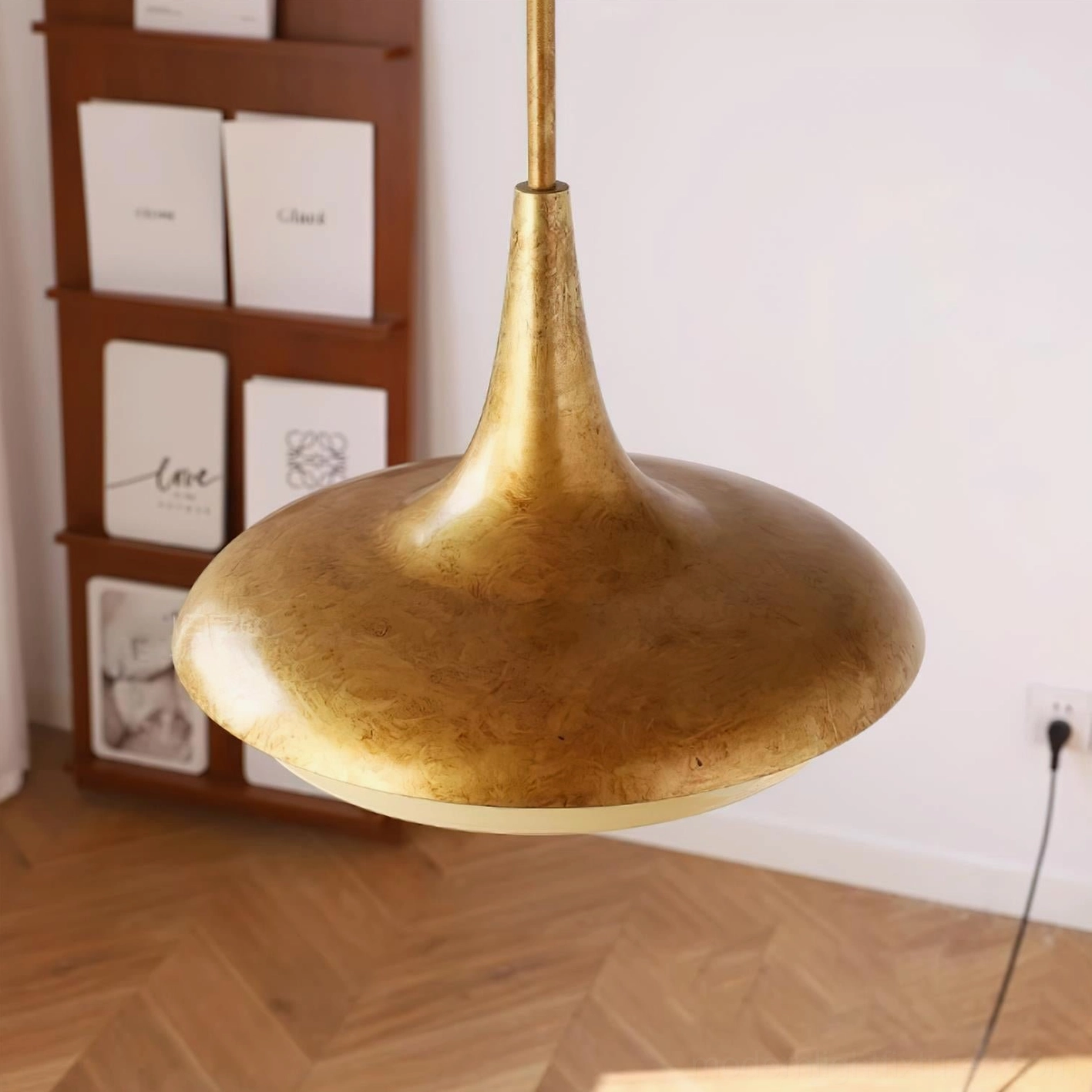 Wide dome brass pendant light with layered glass, overhead close-up showing vintage style ambiance