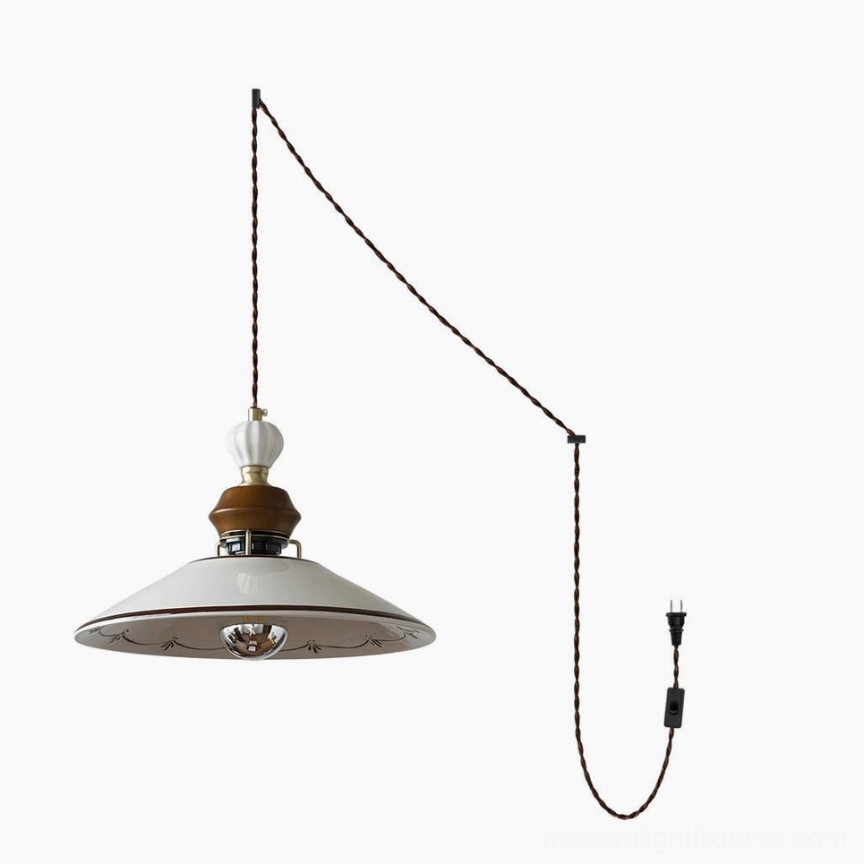 Wide Scallop hand-painted ceramic pendant with flat broad scalloped rim and turned walnut wood neck