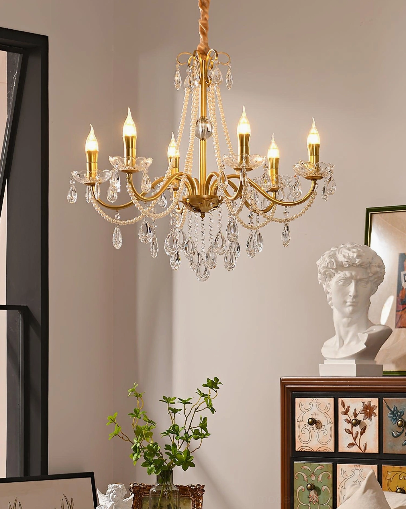 6-head Willa crystal chandelier with gold metal frame and clear teardrop crystal pendants in home decor