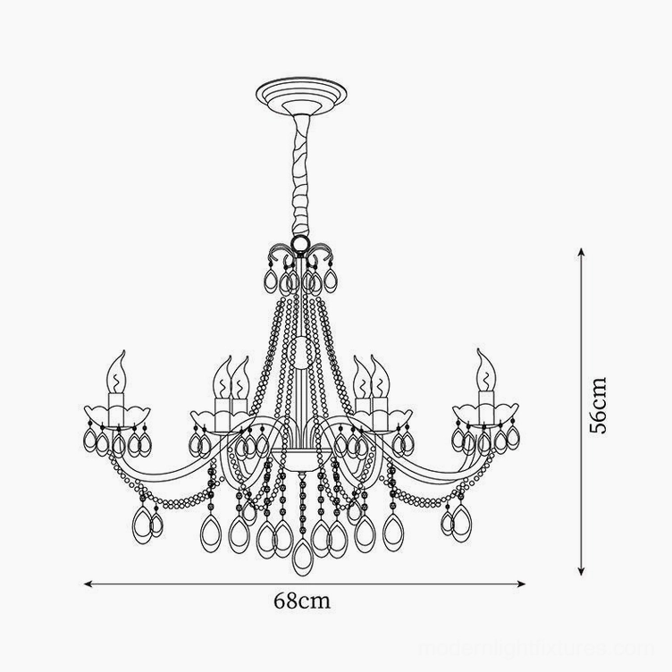 Willa crystal chandelier technical specification drawing, 6-head dimensions 68cm diameter by 56cm height