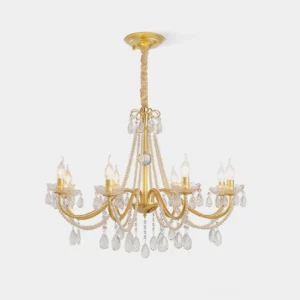 Willa Gold Crystal Chandelier with teardrop crystals and candle-style bulbs, front view studio photograph