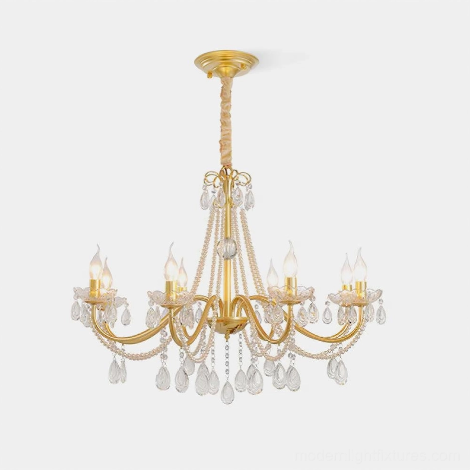 Willa Gold Crystal Chandelier with teardrop crystals and candle-style bulbs, front view studio photograph