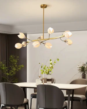 Willow Bloom multi-head floral branch pendant chandelier installed in luxury modern dining room with warm ambient light from opal glass shades