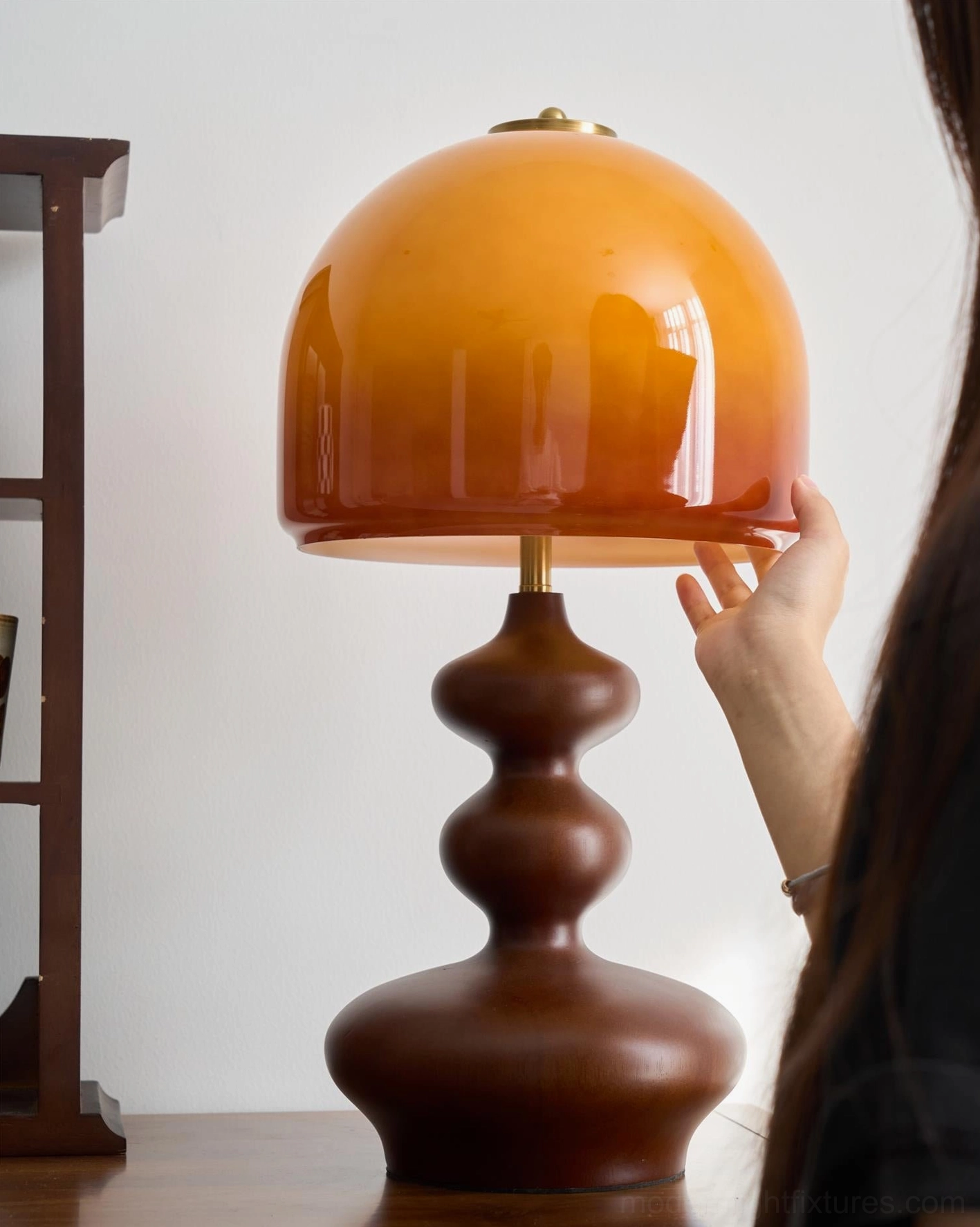 Willow table lamp rear and base detail view showing wooden sculptural form and cord connector