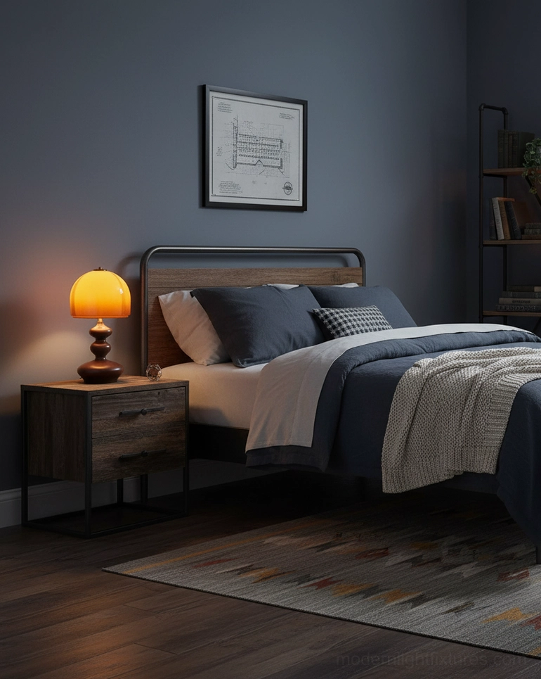 Willow table lamp on dark wooden nightstand in bedroom, warm bedside accent lighting for evening