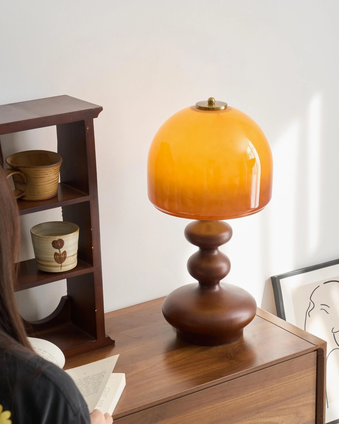Willow table lamp corner view showing sculptural wood silhouette and dome shade proportion