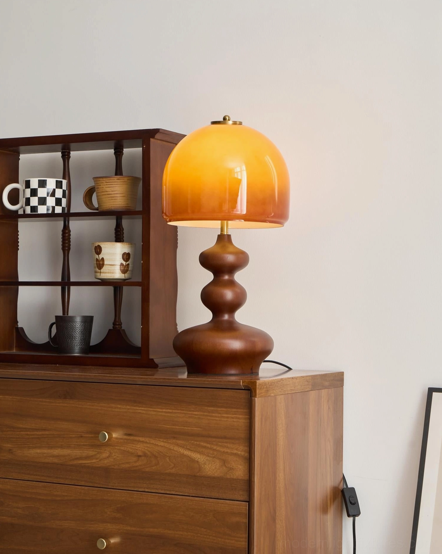 Willow table lamp gift presentation, sculptural wood base and caramel glass aesthetic appeal