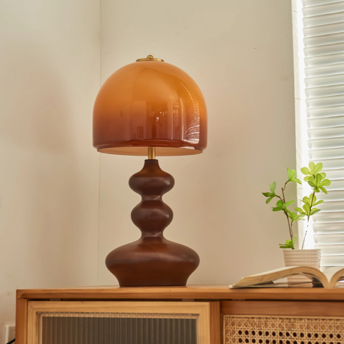 Willow amber glass table lamp with hand-crafted wood base, modern accent lighting fixture