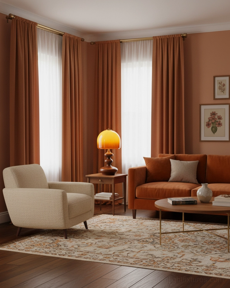 Willow table lamp providing warm secondary light in mid-century modern living room with sofa and armchair