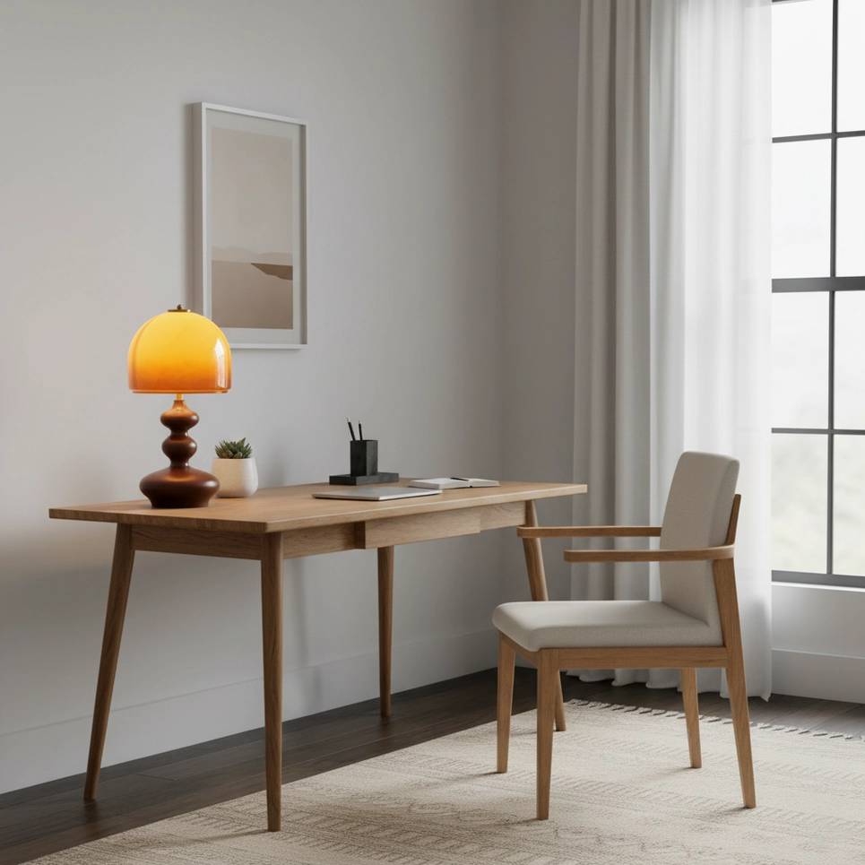 Willow table lamp walnut wood base and caramel dome shade, 360-degree ambient light distribution