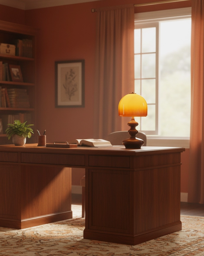 Willow mid-century modern table lamp illuminated, warm golden caramel glass glow in interior space