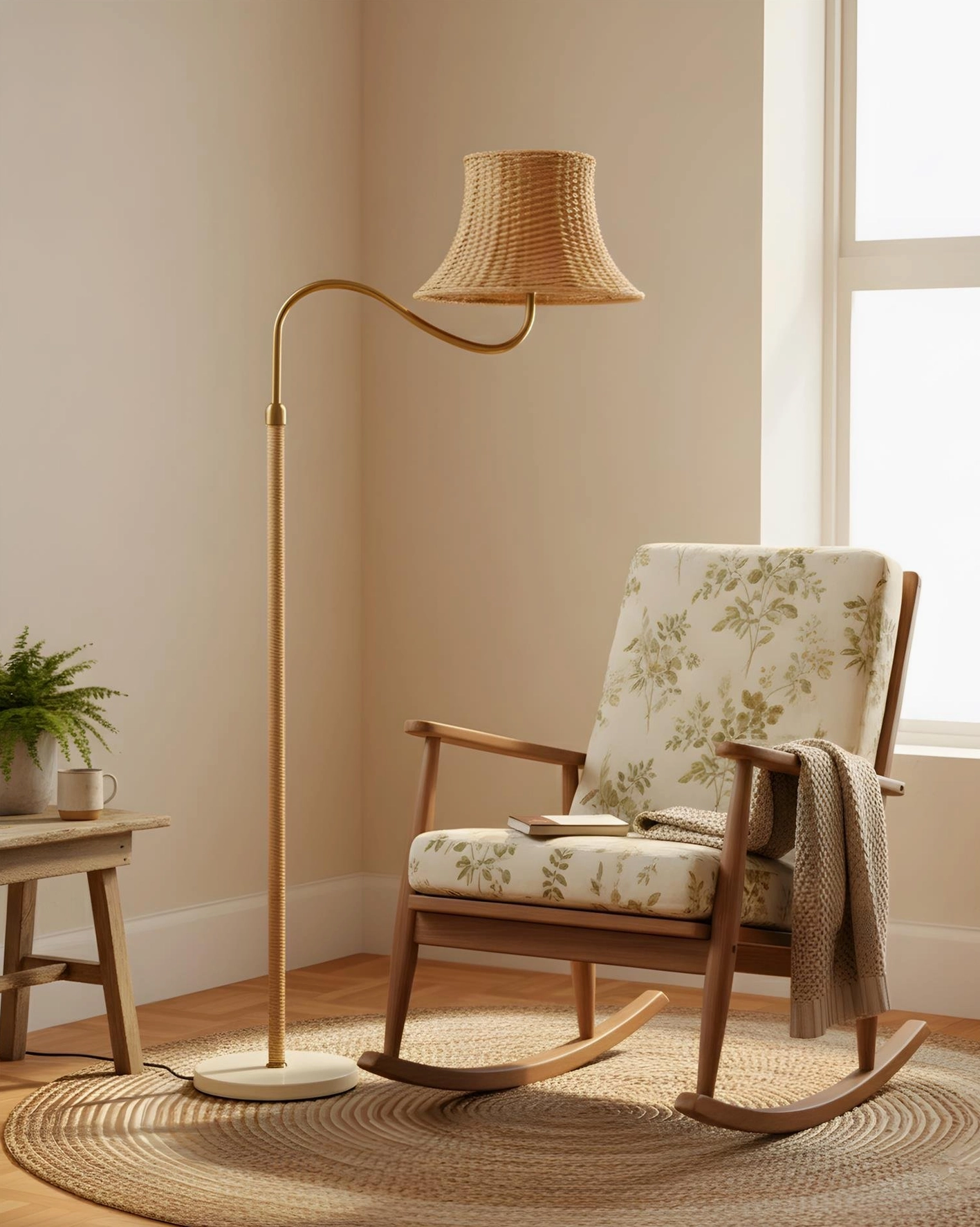 Willowen rattan arc floor lamp side view showing curved metal arm, gold finish, and natural woven shade in living room