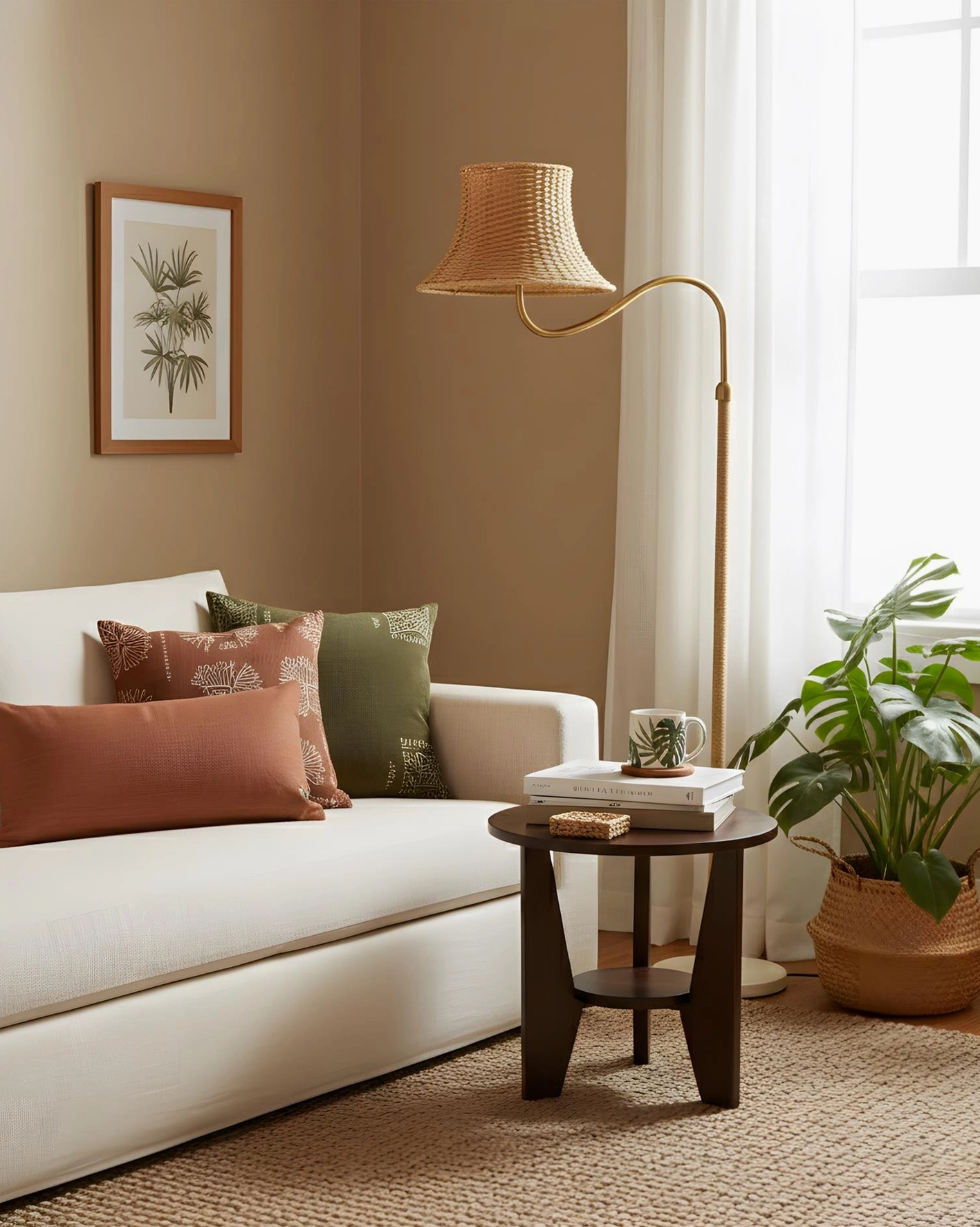 Willowen hand-woven rattan arc floor lamp creating warm ambient light in cozy living room with side table