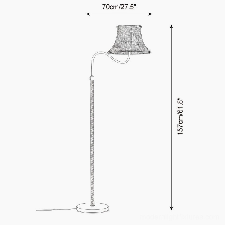 Willowen rattan floor lamp technical specifications diagram showing dimensions 157cm height and 70cm shade width