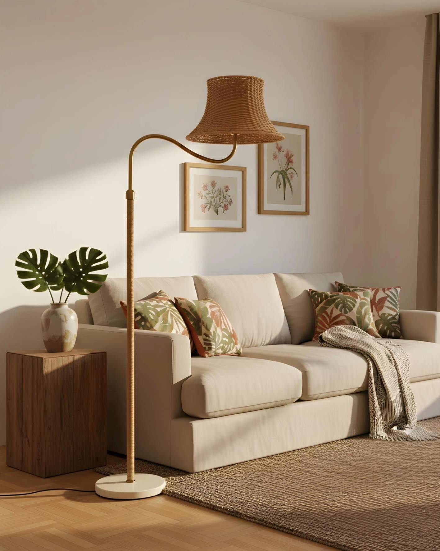 Willowen bohemian rattan arc floor lamp in modern farmhouse living room with sofa and warm ambient lighting