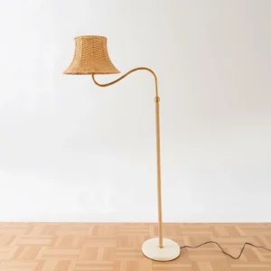 Willowen bohemian rattan arc floor lamp full product view showing curved arm and hand-woven natural shade